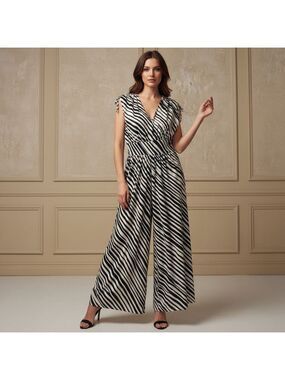 Ann Taylor Black Cream Zebra print V-Neck Wide-Leg Jumpsuit Romper Sz 14 Resort